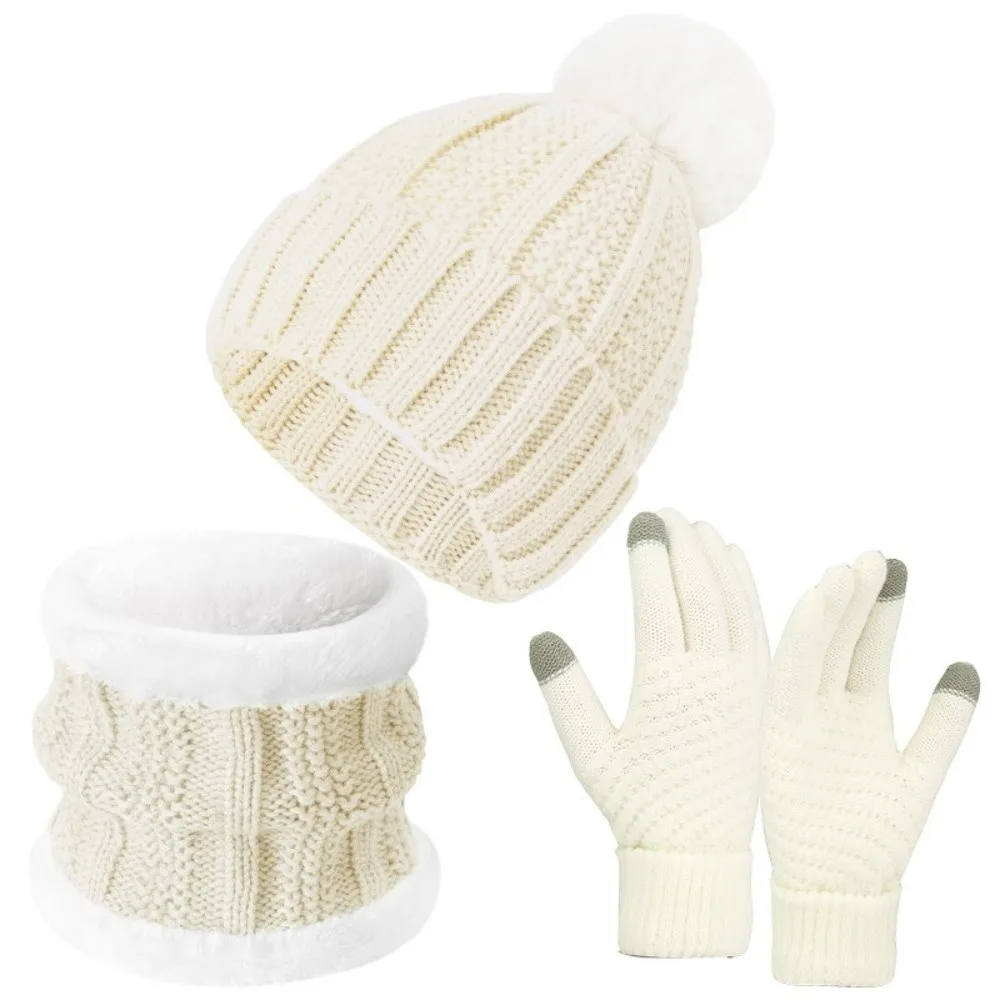 3pcs Fashion Solid Color Hat Scarf Gloves Set Cute Pompom Keep Warm Knitted Hat with Velvet Thickened Beanie Hat Boys
