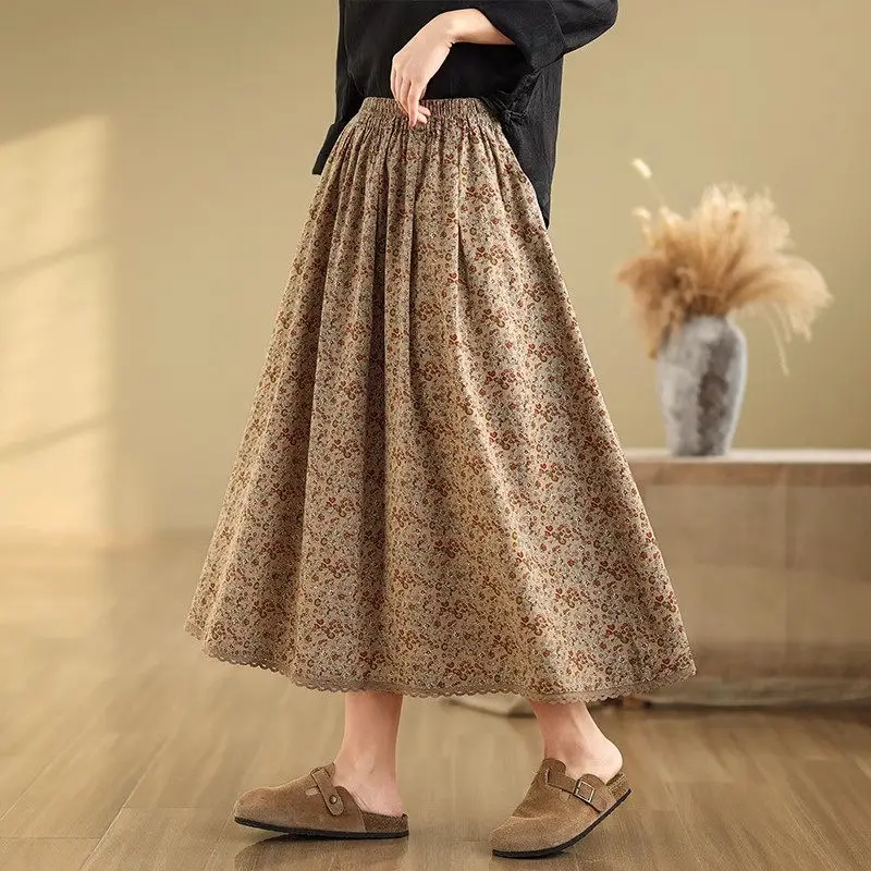 

Large Size Women's Clothing 2025 Spring And Summer Artistic Floral Skirt High Waist Mid Length Loose A-Line Skirt G073