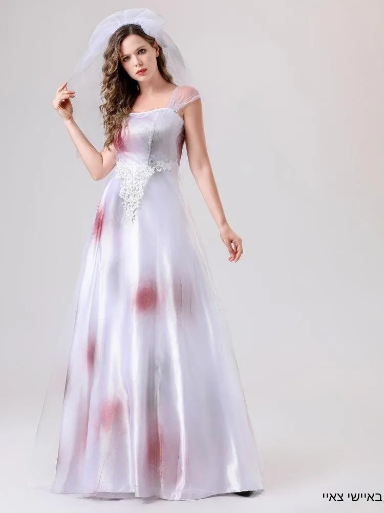 Halloween New Style Strap Mesh Dress Long Princess Gown for Women in White And Red Color Party Evening Ball Gown