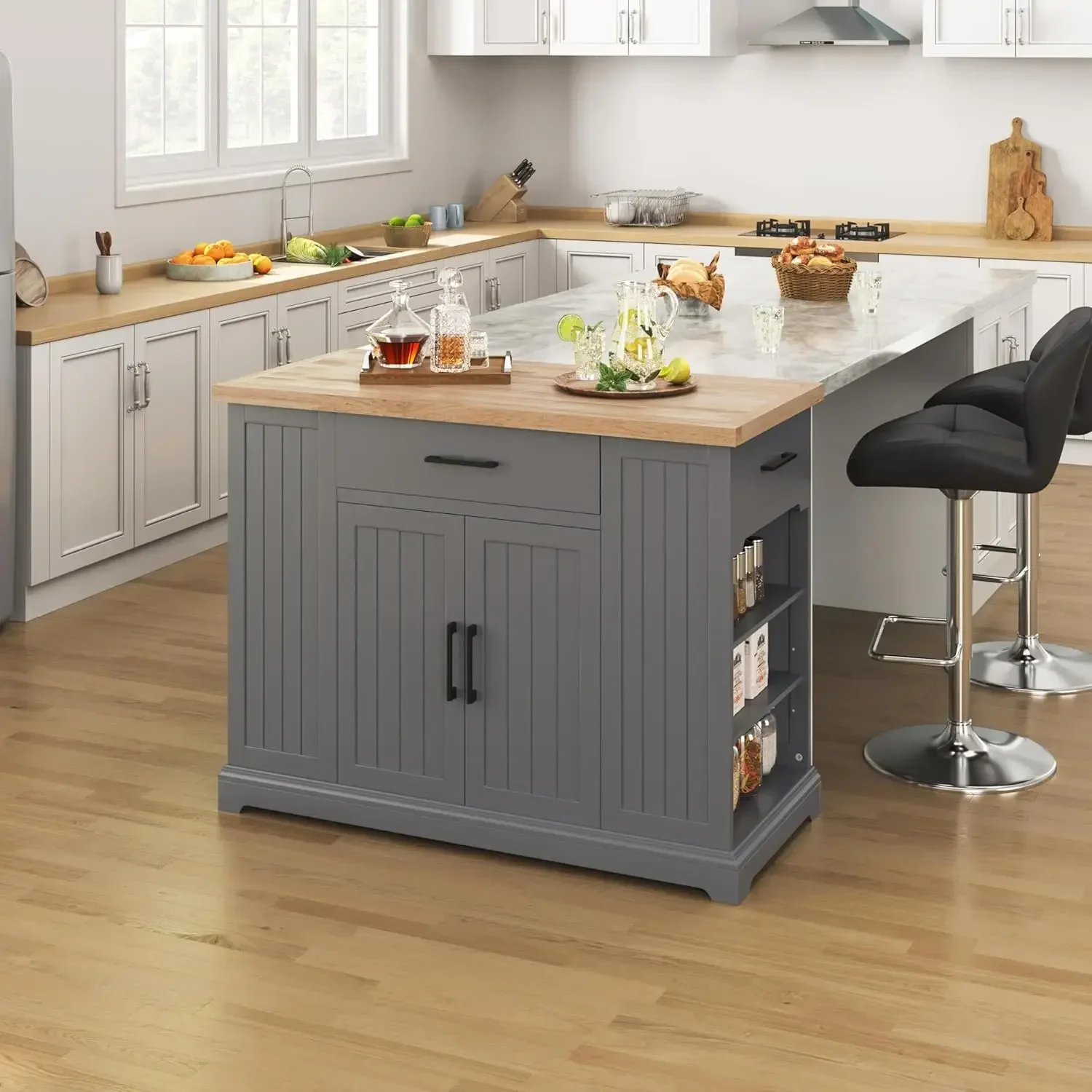 

Rolling Kitchen Island with Thicker Rubberwood Countertop, Storage Cabinet w/Inner Adjustable Shelves for Dining Room, Dark Gray