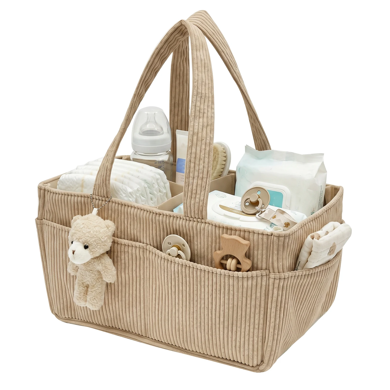 Travel Portable Mommy Bag Foldable Baby Diaper Caddy Organizer with Handle and Bear Charm Corduroy Newborn Diaper Storage Basket