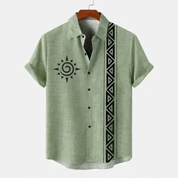 Retro men's shirt ethnic pattern print short sleeve lapel shirt summer fashion casual street men's lapel top large size comforta