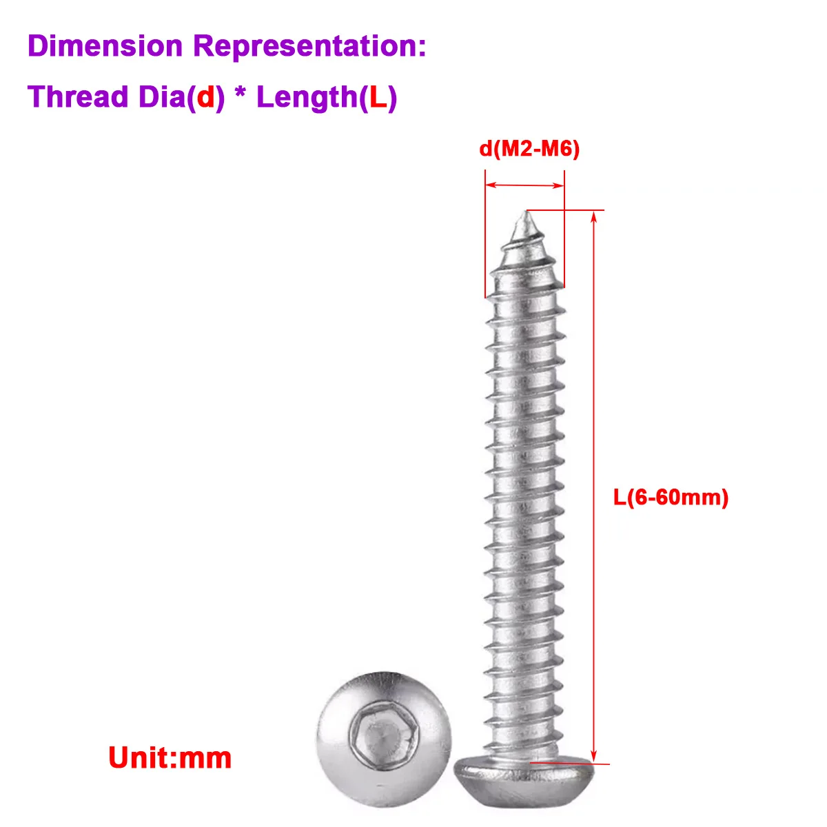

304 Stainless Steel Round Head Hexagonal Socket Self-Tapping Screw M2M2.5M3M3.5M4M5M6