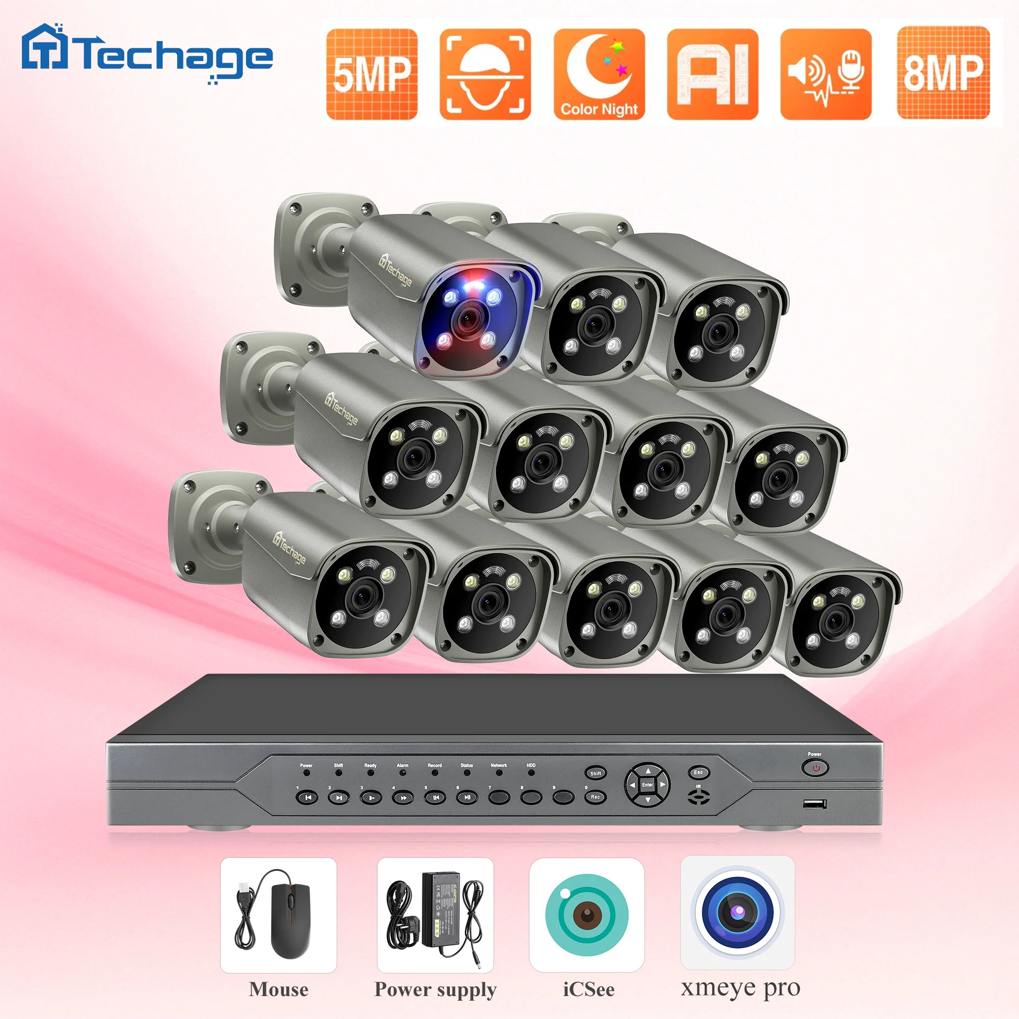 Techage 16CH 8MP 5MP POE Surveillance Camera CCTV System Camera H.265 4K Two-way Audio NVR Human Face Recognition Security Set