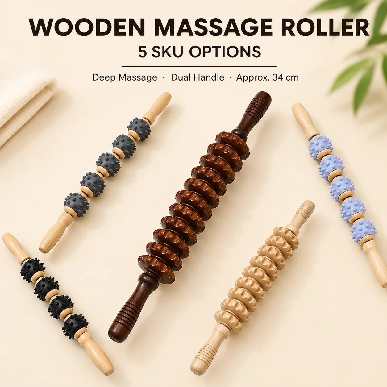 Wooden Massage Roller Maderotherapy Body Massager Dual Handle Spiked Ribbed Roller for Legs Back Arms Neck Muscle Relaxation