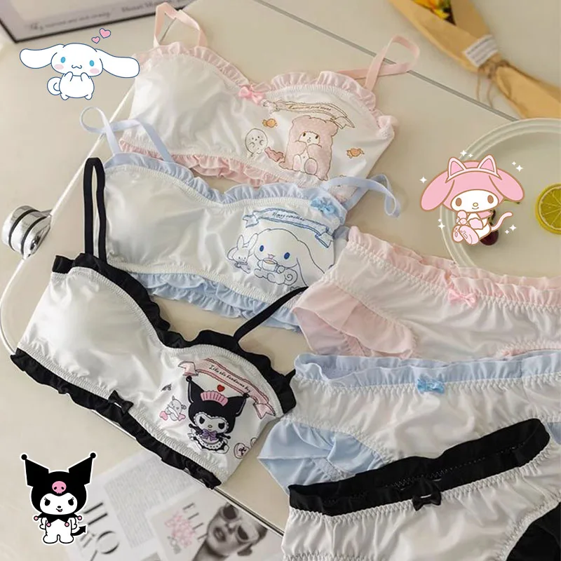 

Kawaii Sanrios Cinnamoroll комплект с бюстгальтером и трусиками для девочек, женское нижнее белье с героями мультфильмов Melody Kuromi, сексуальные трусики, мягкий бюстгальтер, милый дышащий
