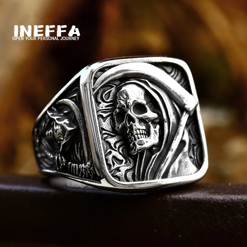 INEFFA nuovo anello da uomo in acciaio inossidabile all\'ingrosso Punk europeo e americano Hip Hop Death Reaper Scythe Skull Ghost Face Ring