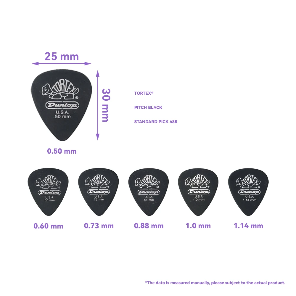 Dunlop Kostki do gitary 488R Tortex Pitch Black Standard Pick 0,50/0,60/0,73/0,88/1,0/1,14 mm, oryginalne akcesoria gitarowe USA