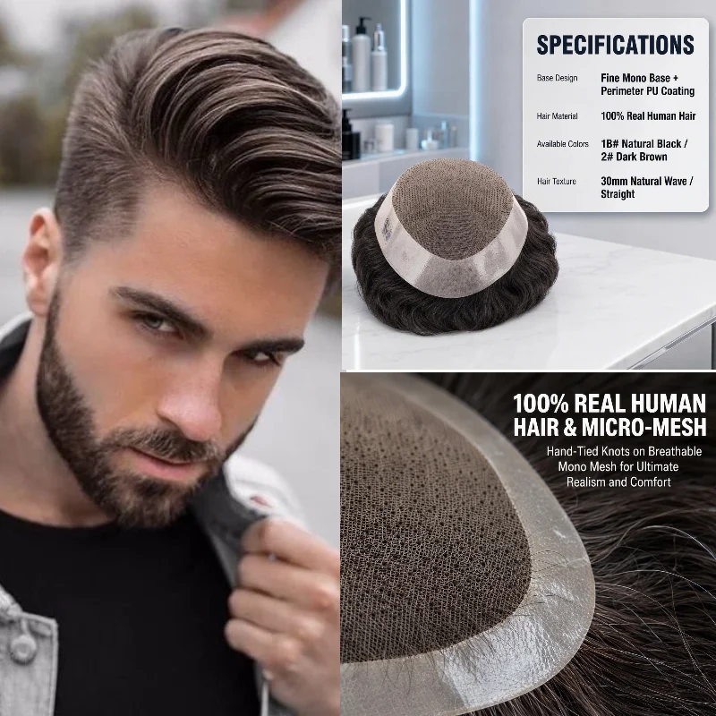 Human Hair Fine Mono Hair Replacement Topper 8x10 6inch D7-3 Mono+NPU Base Men Hair Pieces Wholesale Dropship Color #4