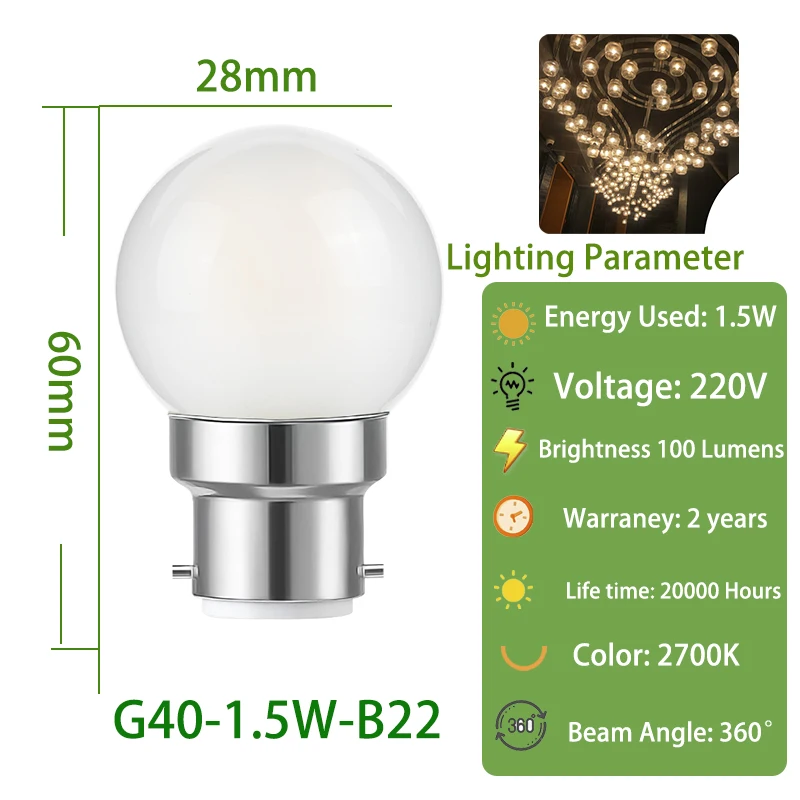 G40 Milky Glass Globe LED Bulbs B22 Bayonet 1.5W 2700K