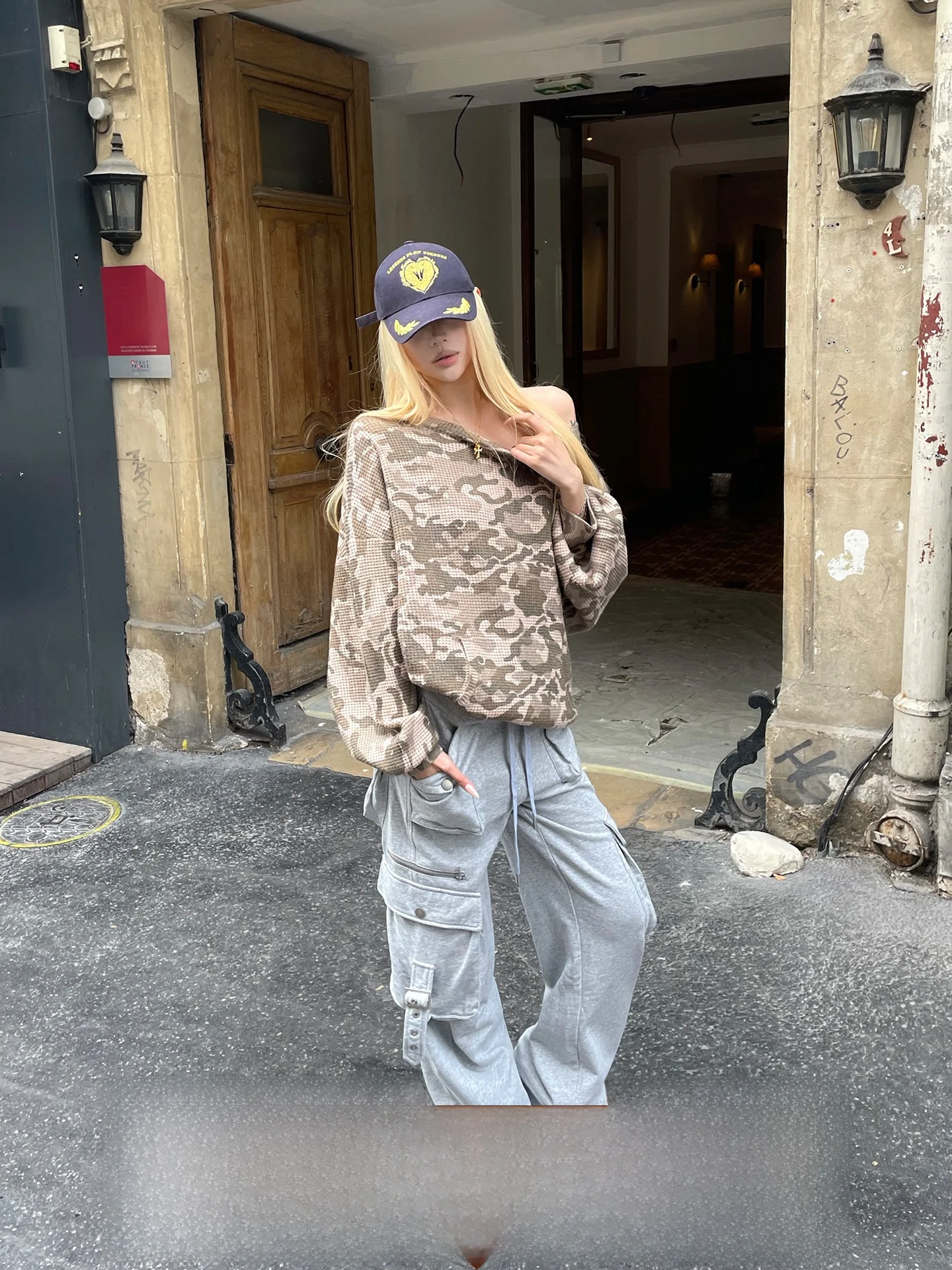 Rase Le Sol Grey Workwear Wide Leg Pants Casual Multi-Pocket Trousers Low Waist Cotton Comfortable Loose Fit Straight Leg