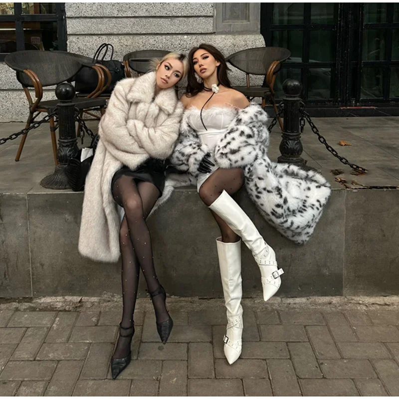 Women's Long Coats Leopard Printed Lapel Full Sleeve Faux Fur Coat Autumn Winter Lady Panelled Loose Warm Jackets New Outerwears