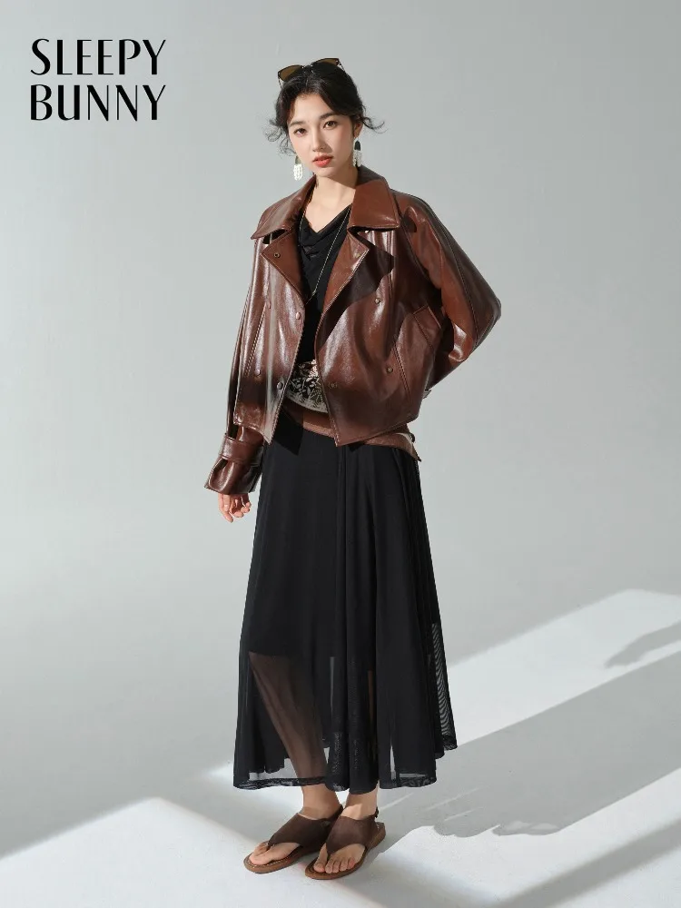 

Vintage PU Leather Motorcycle Jacket Double-Breasted Lapel Coat Retro Fashionable Stylish Long Sleeve Coat for Fall and Winter