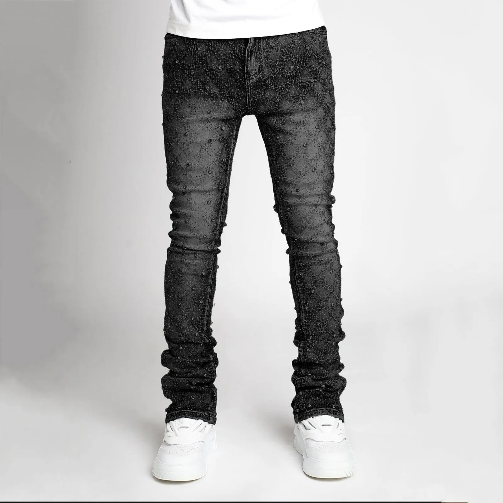 Male Denim Personality Zircon Straight Leg Stretch Stacked Jeans Glitter Foam Star