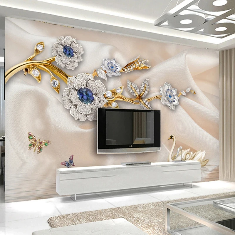 

Custom Photo 3D Luxury European Swan Jewelry Flowers Fresco TV Background Wall Painting Living Room Decoration Mural Wallpaper