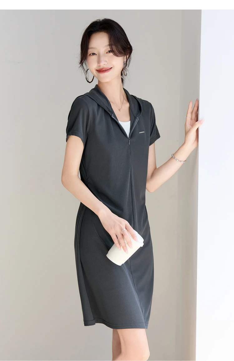

SENTUBILA Women's Knitted T-shirt Dress 2025 New Collection Summer Hooded Short Sleeved Dresses Office Ladies Clothing 152LN1945