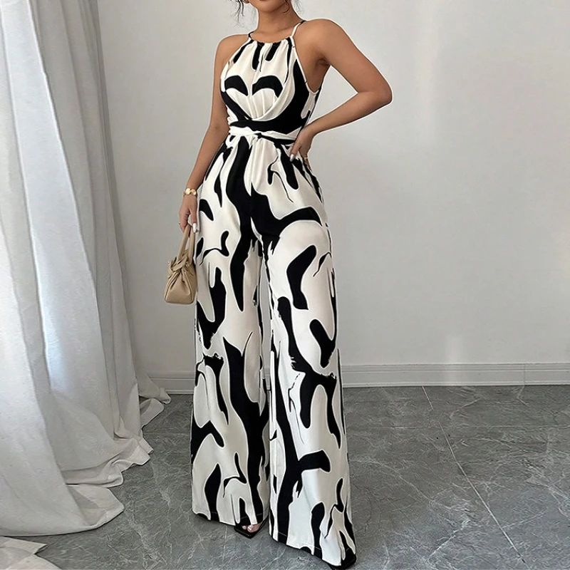 Jumpsuits Women Print One Piece Sleeveless Overalls Wide Leg Long Pants High Waist Rompers Y2k Streetwear Jumpsuit 2025 Party