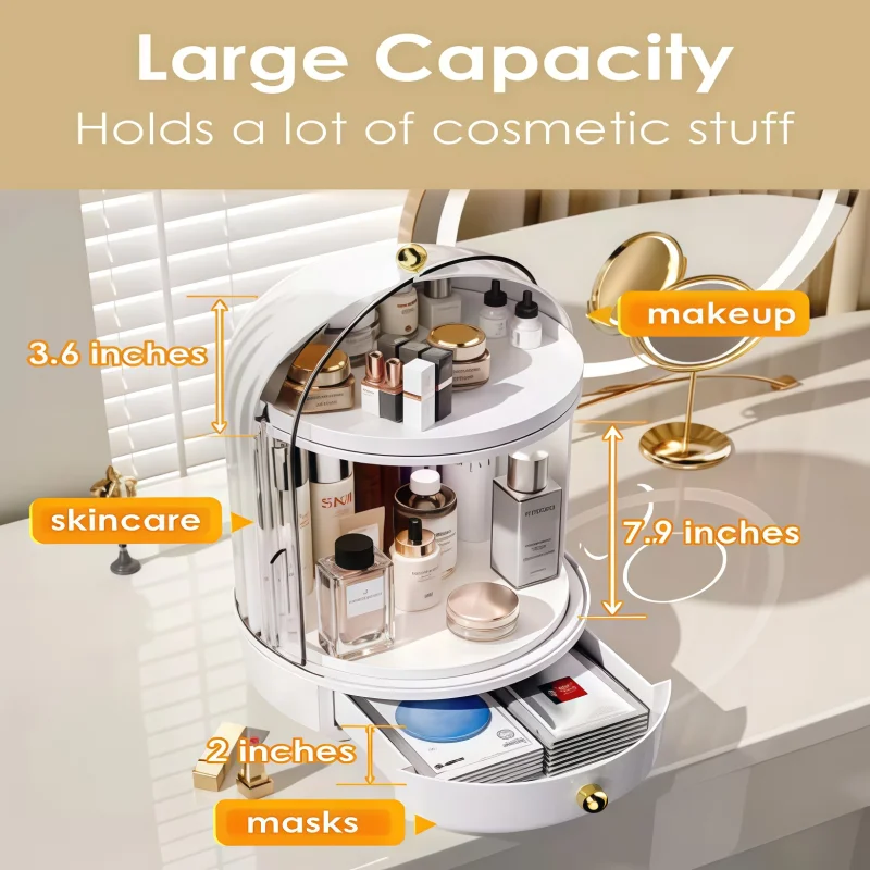 Large 360° Rotating Desktop Cosmetic Storage Box Home Lipsti Skincare Transparent Dustproof round Plastic Organizer