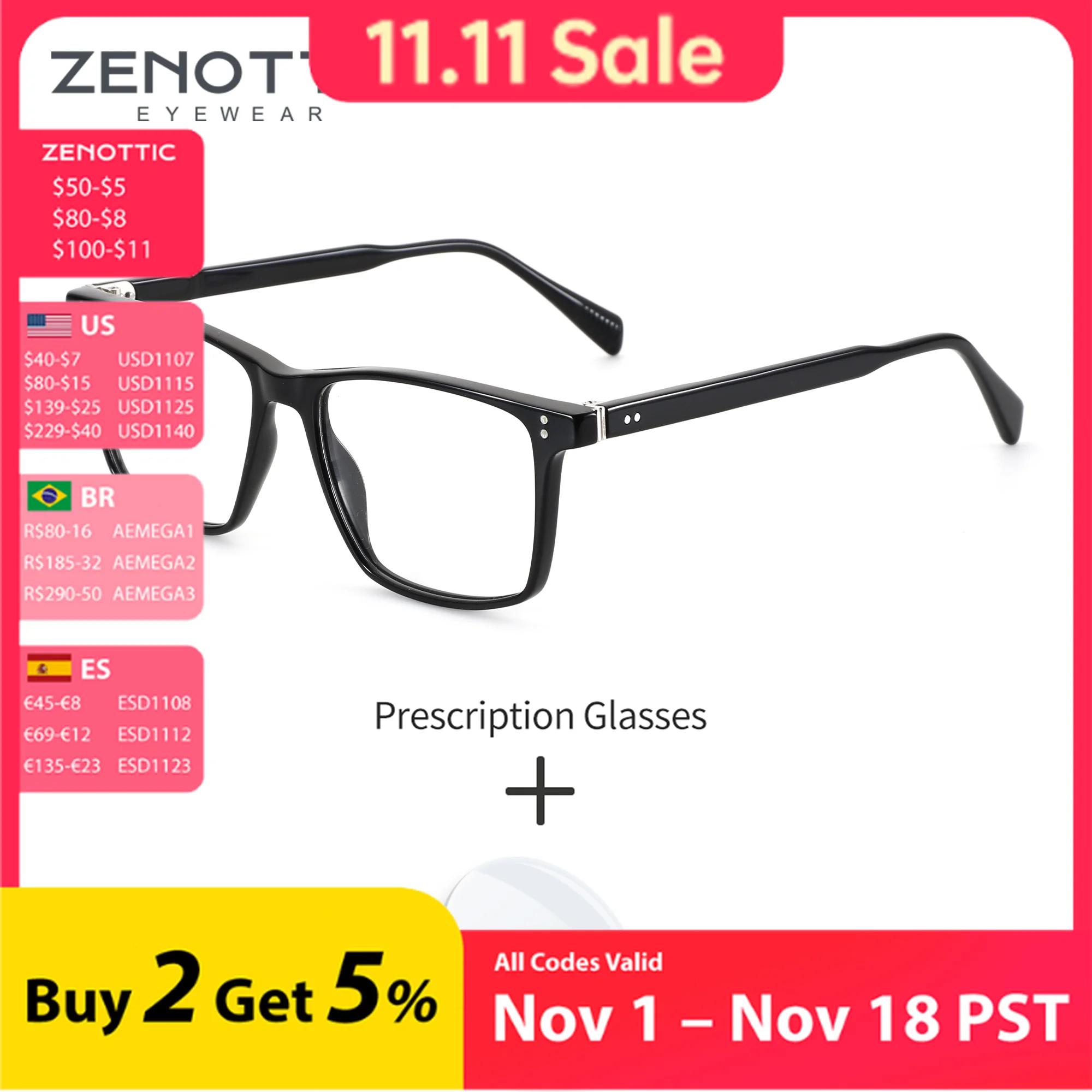 ZENOTTIC Men Square Acetate Custom Prescription Glasses Multifocal Women's Grade Eyeglasses Numbered Reading Eyewear