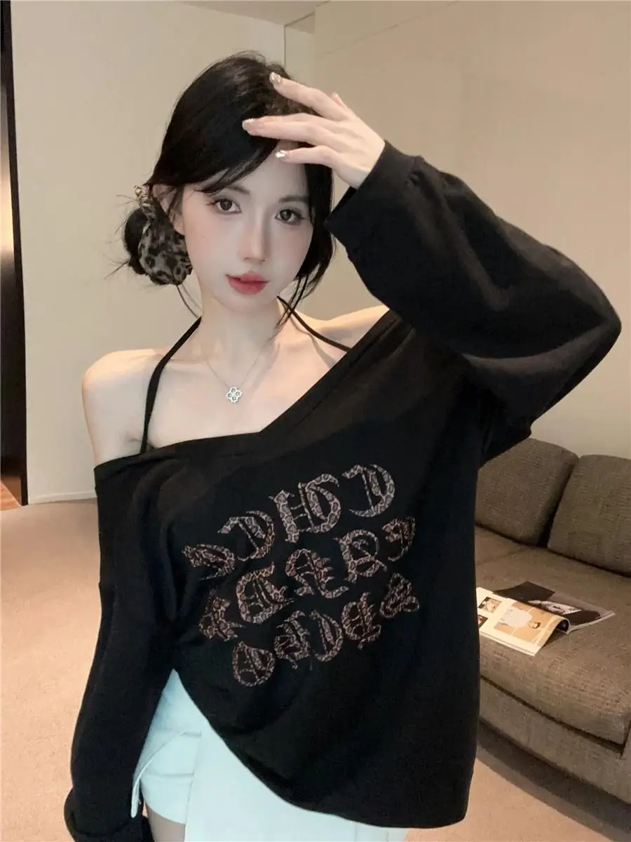 Woman Spicy Girl Casual Letter Printed One Shoulder T-shirt Loose Medium Long Lazy Slim Off Shoulder Hanging Neck Top