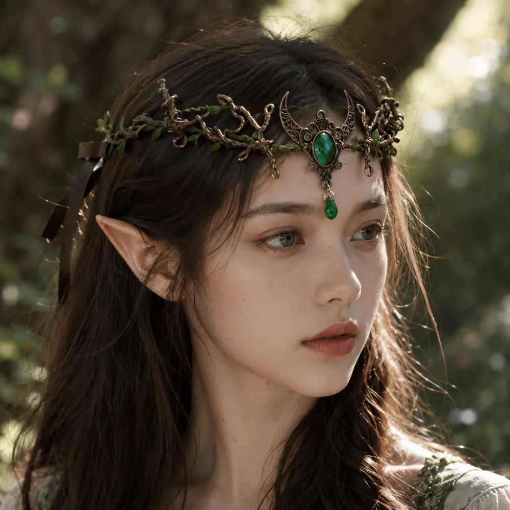 Moon Flower Elven Crown Green Gemstone Renaissance Bridal Forehead Chain Vintage Gemstone Branch Leaf Headpiece