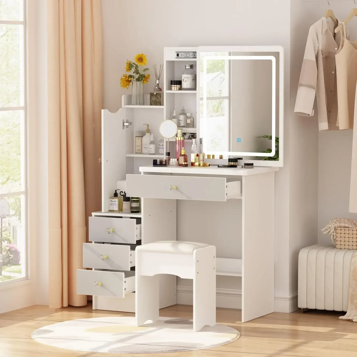 

Vanity Makeup Desk with Sliding Lighted Mirror, Vanity Mirror Makeup Desk with Cushion Stool, Drawers and Shelves