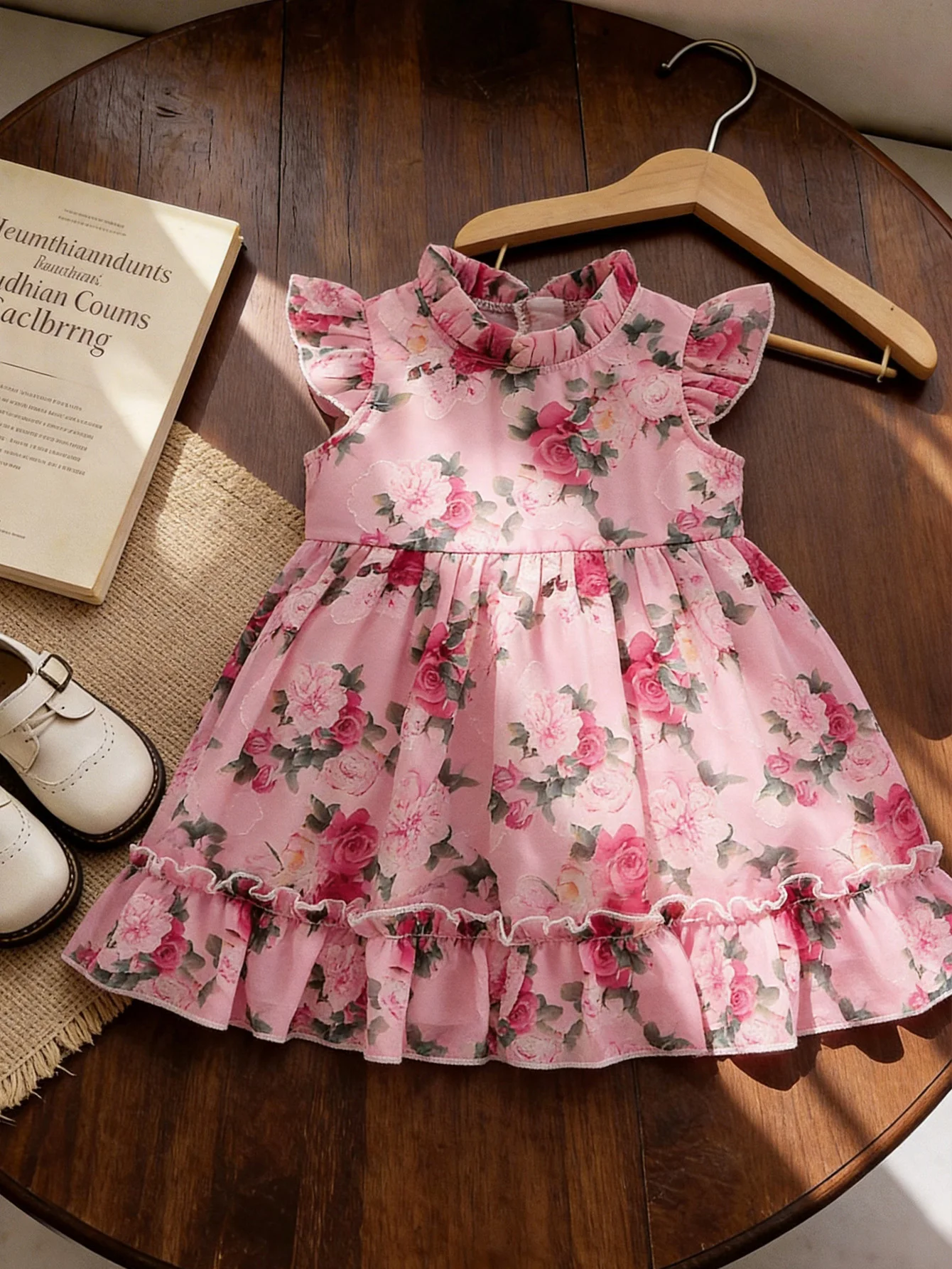Baby Girl Pink Rose Print Dress, Chiffon Ruffle Sleeve, Soft & Skin-Friendly, Perfect for Daily & Party Wear