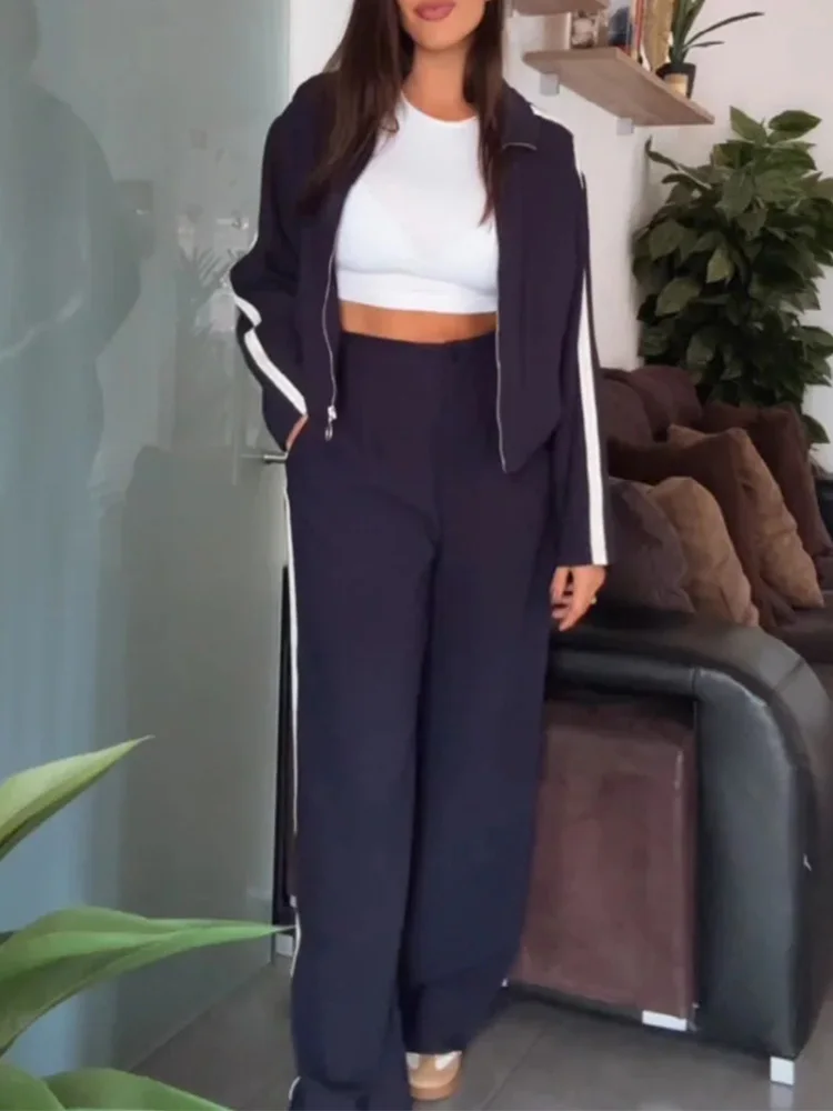 HH 2024 Women Stripe Top Trousers Sports Suits Female Long Sleeves Zip Lapel Coat+High Waist Wide Leg Pants Two-piece Set