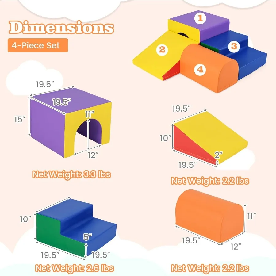 Climbing Toys for Toddlers 4 PCS Single-Tunnel Foam Climber for Climbing Crawling and Sliding Lightweight Soft Play Blocks