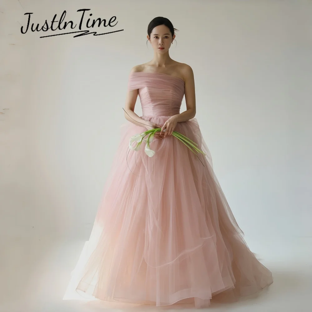 JUSTLNTIME Elegant One Shoulder Ball Gown Korean Evening Dress Back Bow Dusty Rose With Sweep Train Tulle 2026 Customized 웨딩드레스