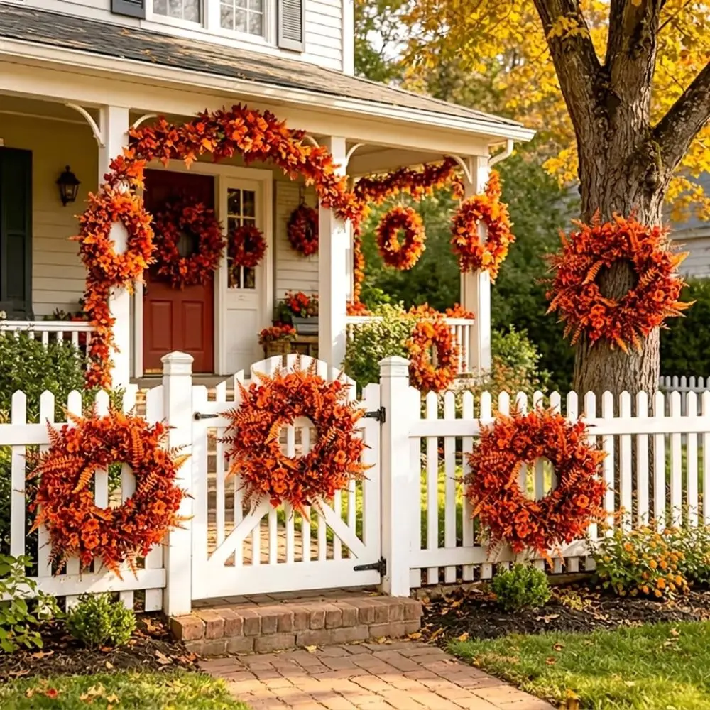 50 CM Artificial Fern Violet Eucalyptus Wreath Plastic Long Lasting Autumn Front Door Wreath Rustic Style Round