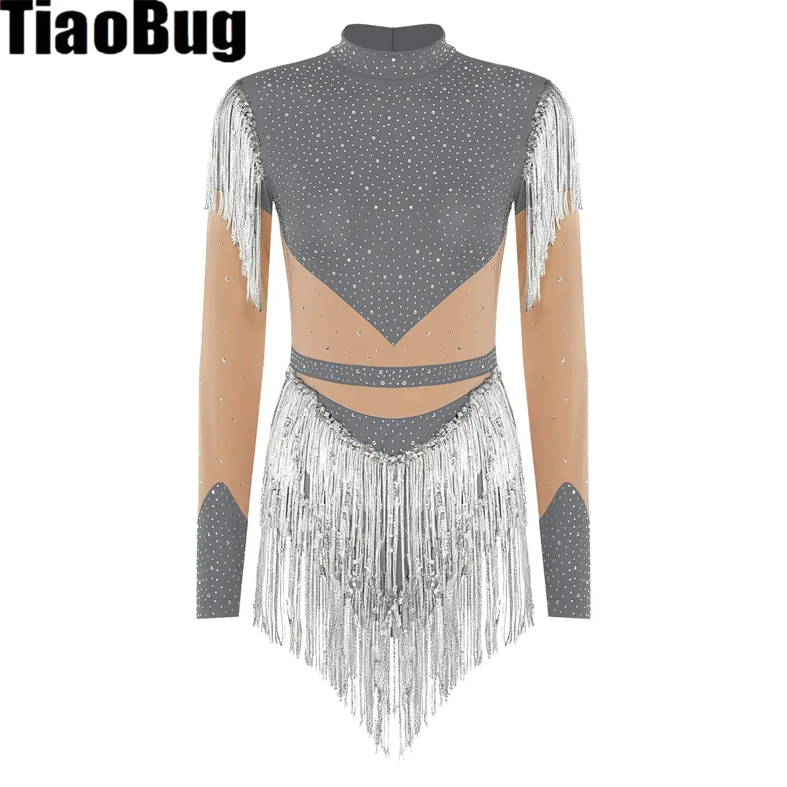 Dames kunstschaatspakje pailletten kwastje lange mouw te openen kruis ritssluiting aan de achterkant contrasterende kleur jumpsuit voor Latin Chacha dans