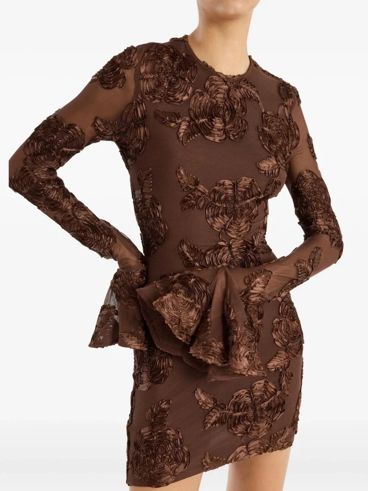 Sexy O Neck Mesh Patchwork Flare Long Sleeve Floral Mini Dress Women Elegant Brown Bodycon Celebrity Evening Club Party Dresses