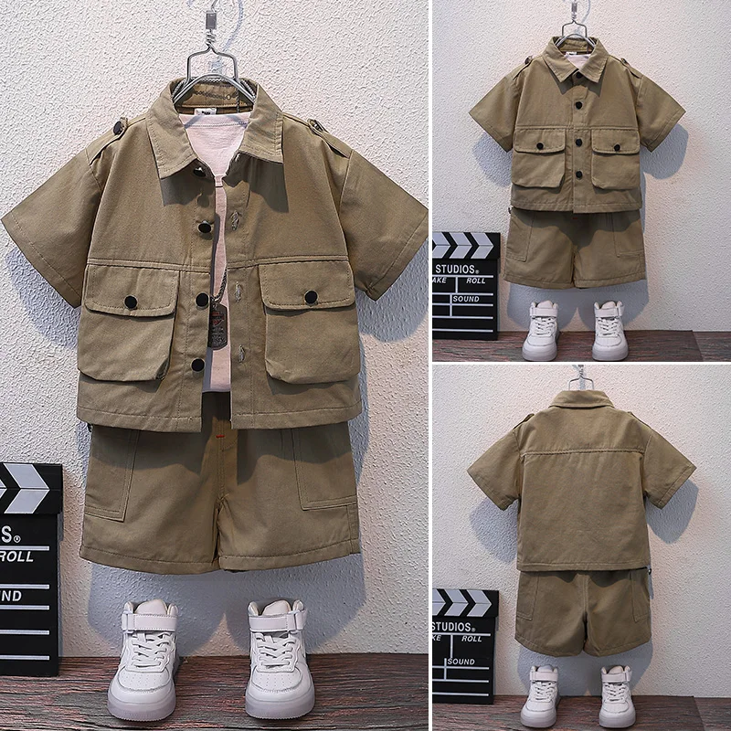 2026 Summer Kids Summer New Boys Suit Child Buttons Shirt Cargo Shorts Multi-pocket Workwear Suit Short Sleeve Shorts Cotton Set