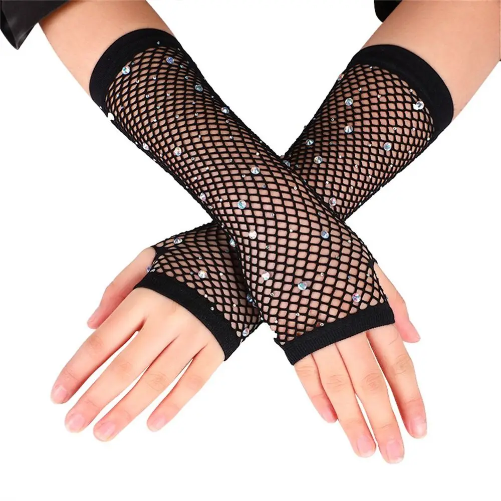 

Punk Hiphop Flash Diamonds Fishing Net Mesh Gloves Hollow Elastic Women's Gloves