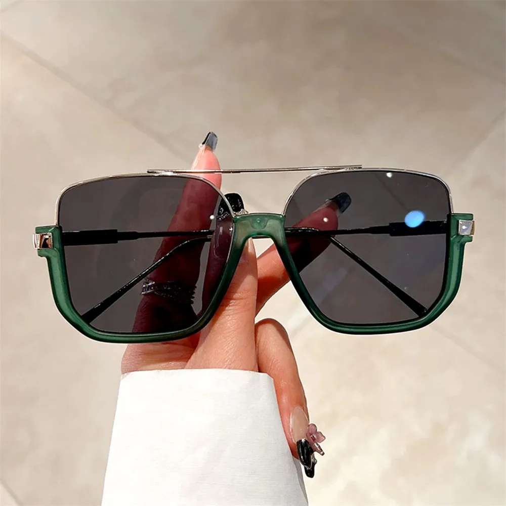 Vintage Oversized Metal Half-Frame Sunglasses Fashion Men Women Square Shades Trendy Ins Popular Brand Design UV400 Glasses