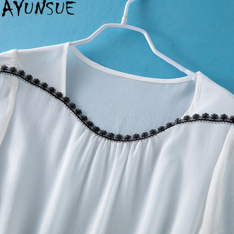AYUNSUE 100% Silk Women's T-shirts Solid Thin Tops for Woman Fashionable O-neck White Top Summer Clothes Woman 2026 Топ Женский