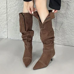 New Style Car Stitching Pleated Lazy High Cylinder Stack Boots Women's Autumn and Winter Brown Black Slim Heel Knee High Boots