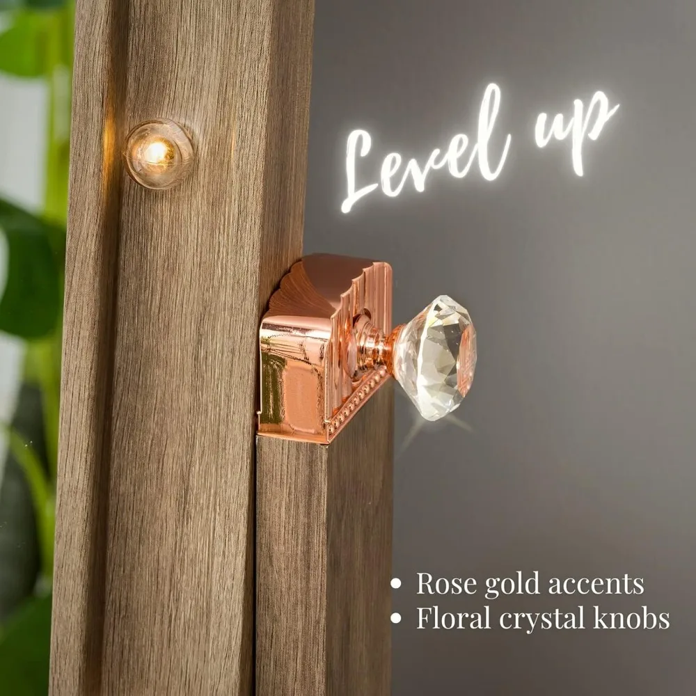 Grote vrijstaande geruite spiegel met verlichting, hoge vloerspiegel voor slaapkamer, rustieke bruine afwerking, volledige lengte spiegel met licht