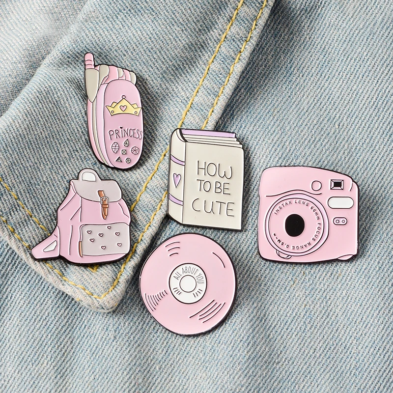 Backpack Book Camera Mobile phone CD Enamel Pin Custom Badges Pink Girl Brooches Lapel Pins Denim Shirt Collar Jewelry Gift Kids