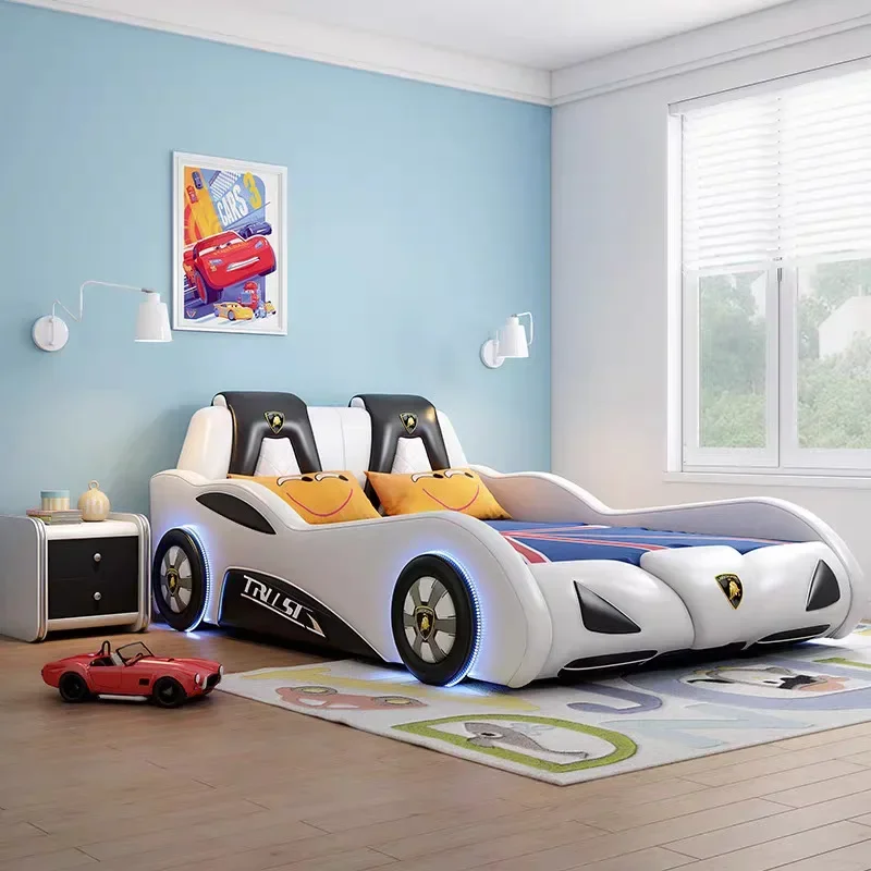 Children's furniture Children's bed Boys Car modeling Teen single bed with guardrail White