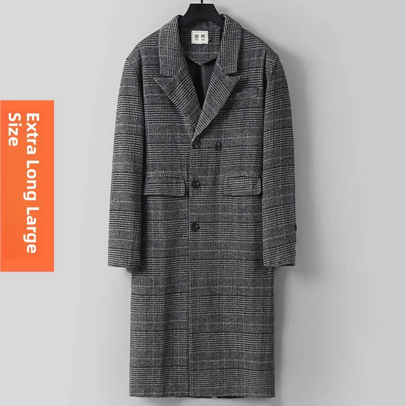 

Новое мужское шерстяное пальто: осенне-зимнее, модное, в клетку, оверсайз, длинное, ниже колена, свободного кроя, деловое, двубортное