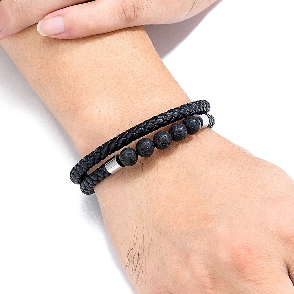 TYO High Quality  Natural Stone Tiger Eye Beaded Bracelets Woven Leather Bangles Men Classic Fashion Magnet Clasp Jewelry Gifts