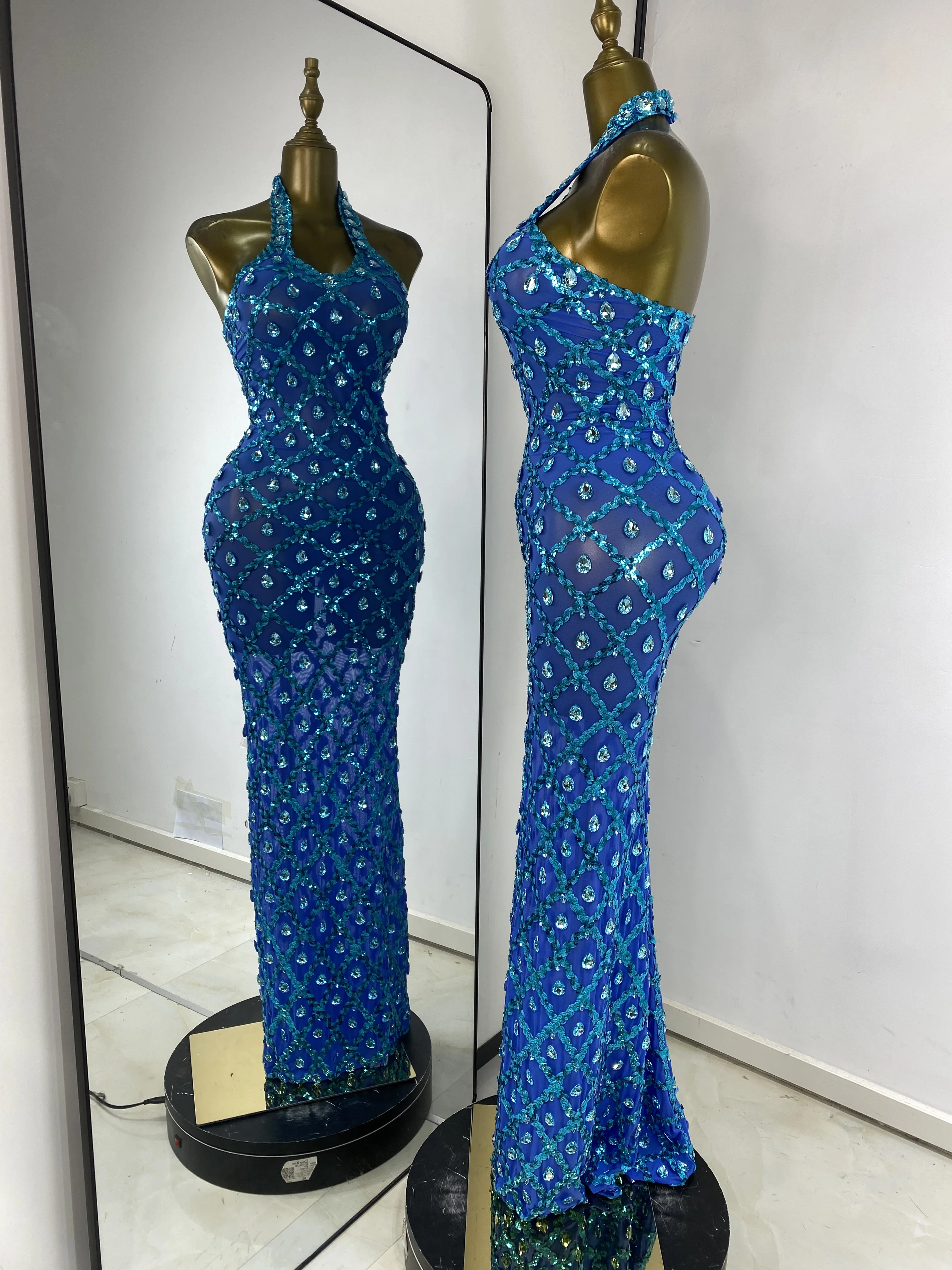 Luxus-Abschlussballkleider für Damen, blau, glitzernde Strasssteine, Pailletten, Neckholder, rückenfrei, Maxi, lang, für Geburtstag, Abend, Club, Party