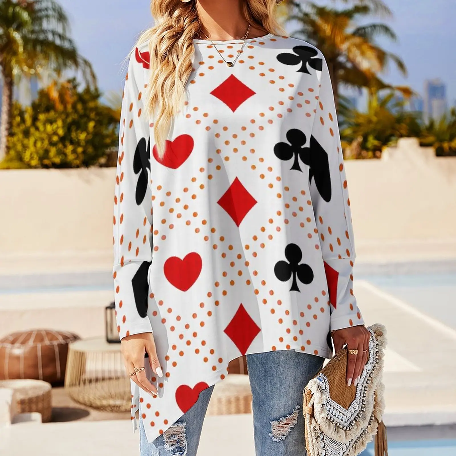 Poker Heart T-Shirts Card Pattern Red Queen Casual Loose Long Sleeve T Shirt Elegant Print Tee Shirt Clothes Big Size 5XL 6XL