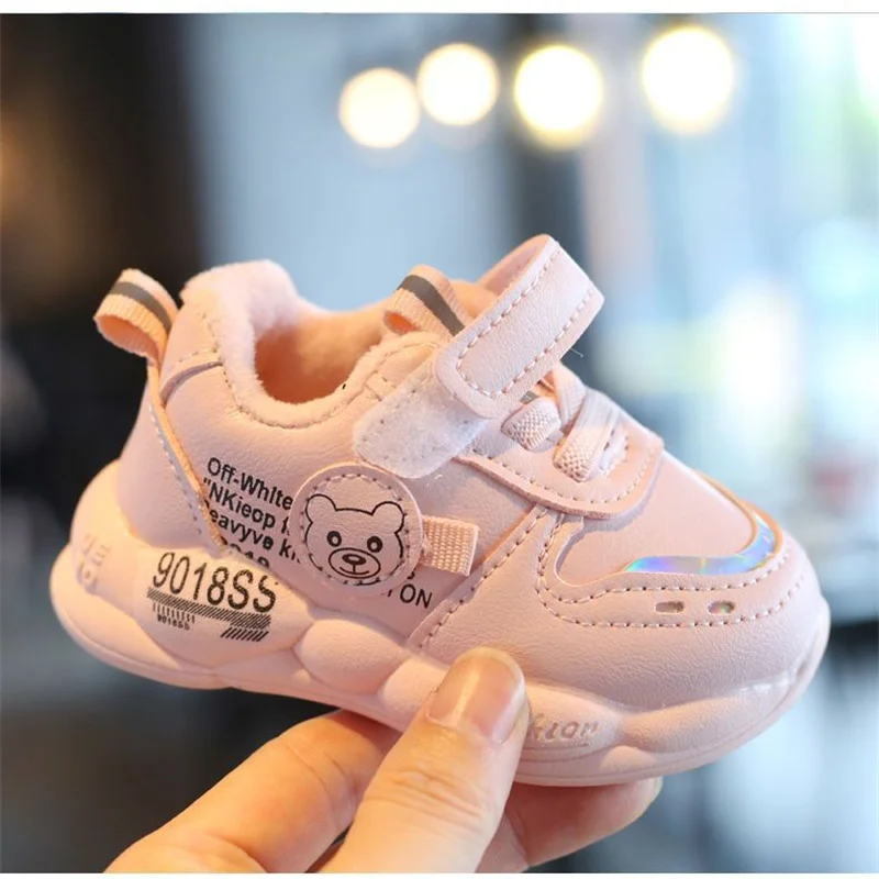 Autumn Winter Casual Shoes for Baby Boys Girls Plush Warm Kids Sneakers Solid Walking Shoes Toddler PU Leather Cotton Shoes