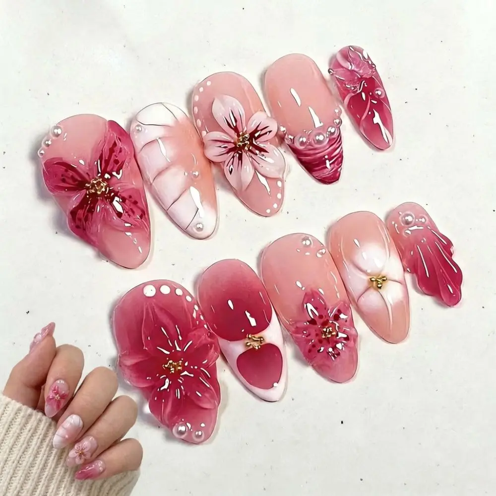 3D Flower Press-on Nails Exquisite Gradient Pink Artificial Nail Tips Reusable Almond-shaped Long Nail Sticker Women and Girls