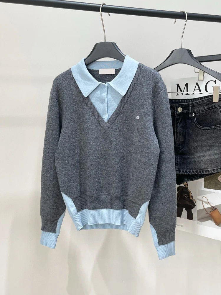 

Nu High-End Early Autumn Long Sve Woolen Knitted Sweater Women's Collar Flip Miu Letter Fake Two-Piece Knitwear