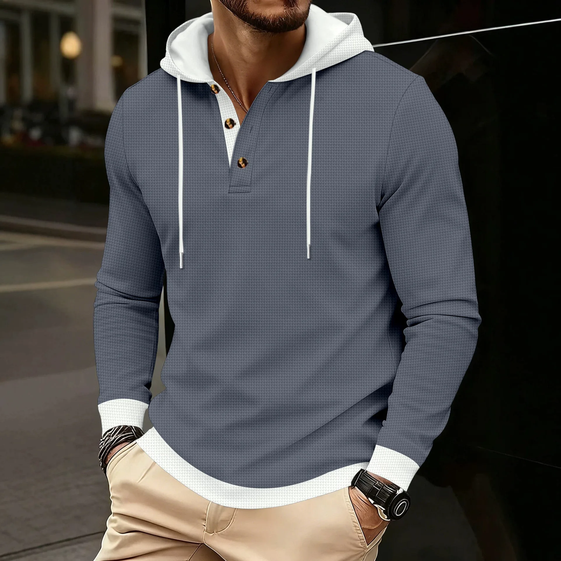 Spring Autumn Hooded T-Shirts Men Vintage Patchwork Long Sleeve Pull On Tees Male Casual Daily Hooded Pullovers Streetwear Tops