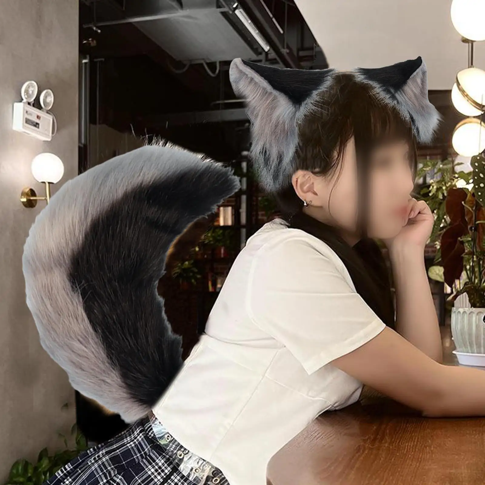 Conjunto de cosplay de cola y orejas de zorro para niños, hombres y mujeres, fiestas temáticas de animales, negro y gris